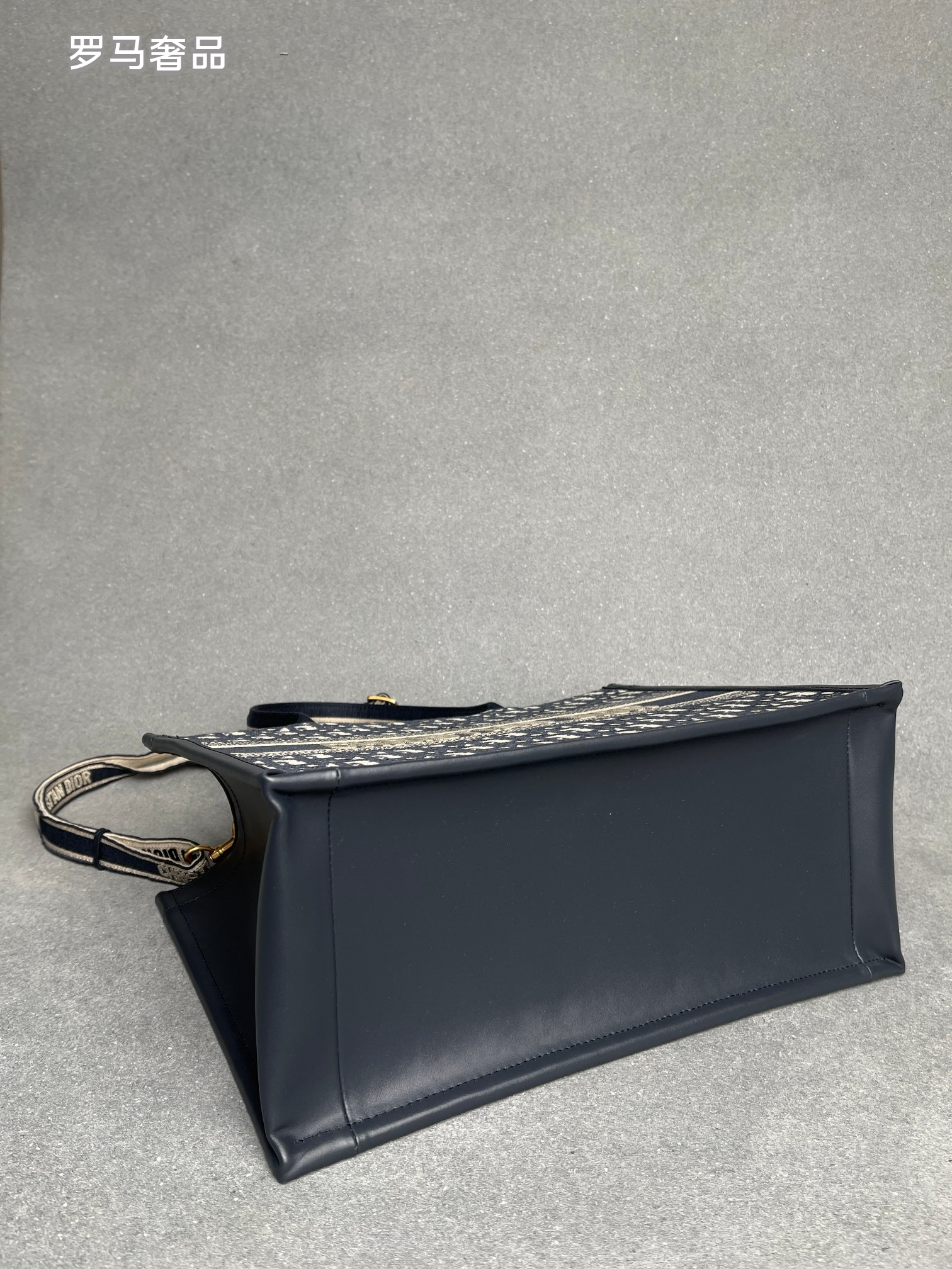 Dior Navy Blue Monogram Canvas Tote Bag with Top Handles
