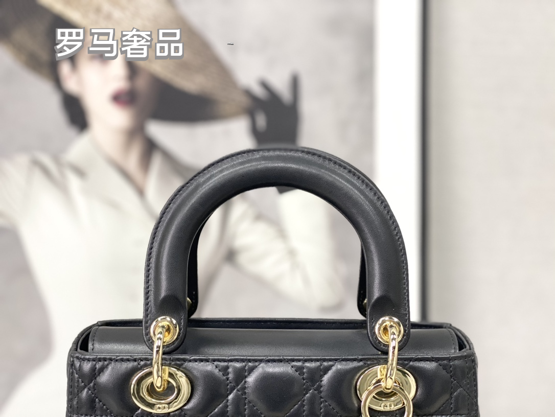 Dior Classic Black Quilted Leather Handbag with Top Handle and Gold Charms