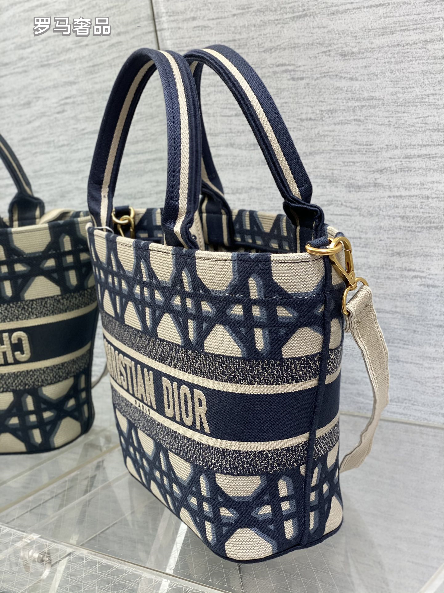Dior Blue Monogram Canvas Tote Bag with Double Handles and Strap