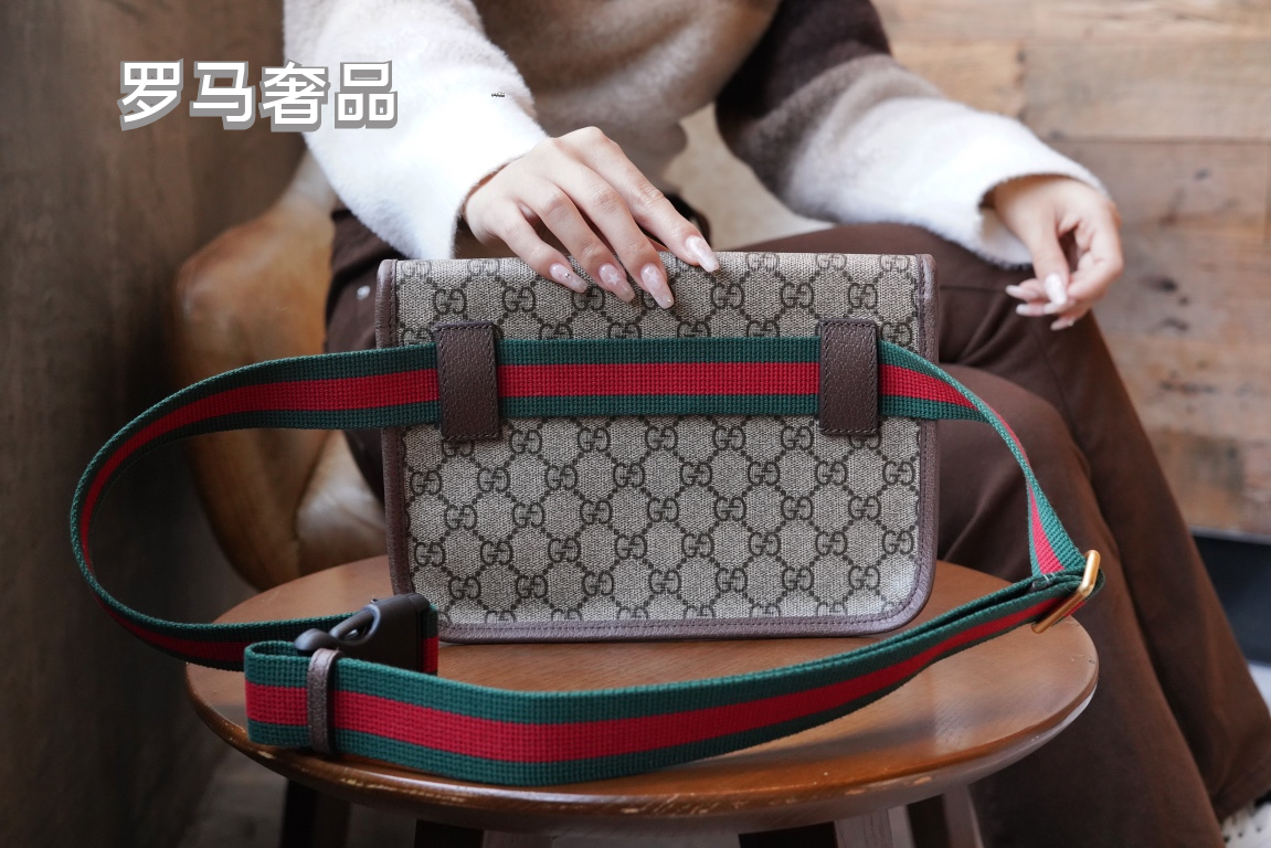 Gucci Classic Monogram Canvas Waist Bag with Striped Webbing Strap