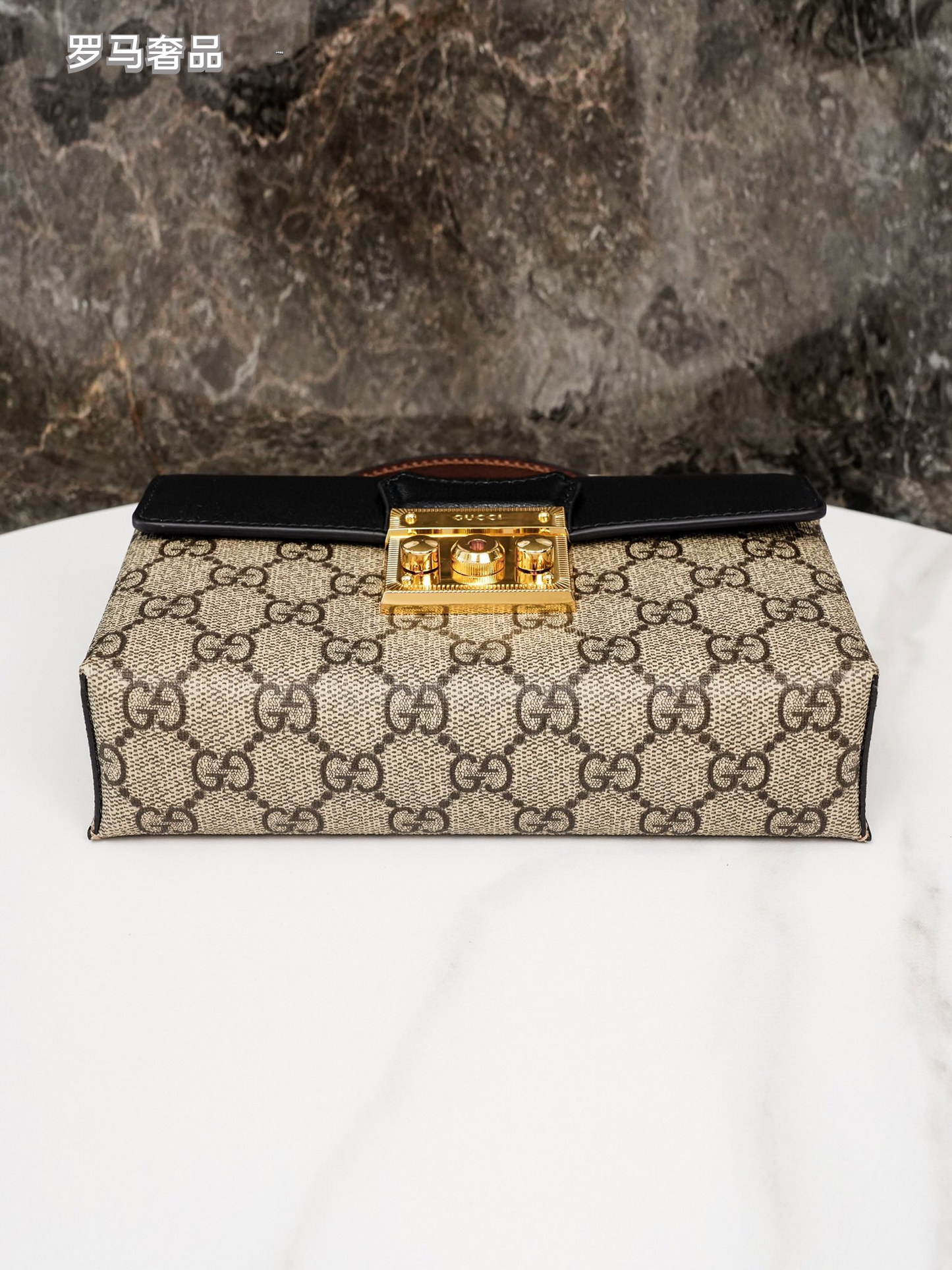 Gucci Vintage Monogram Canvas Top Handle Bag with Leather Flap and Padlock