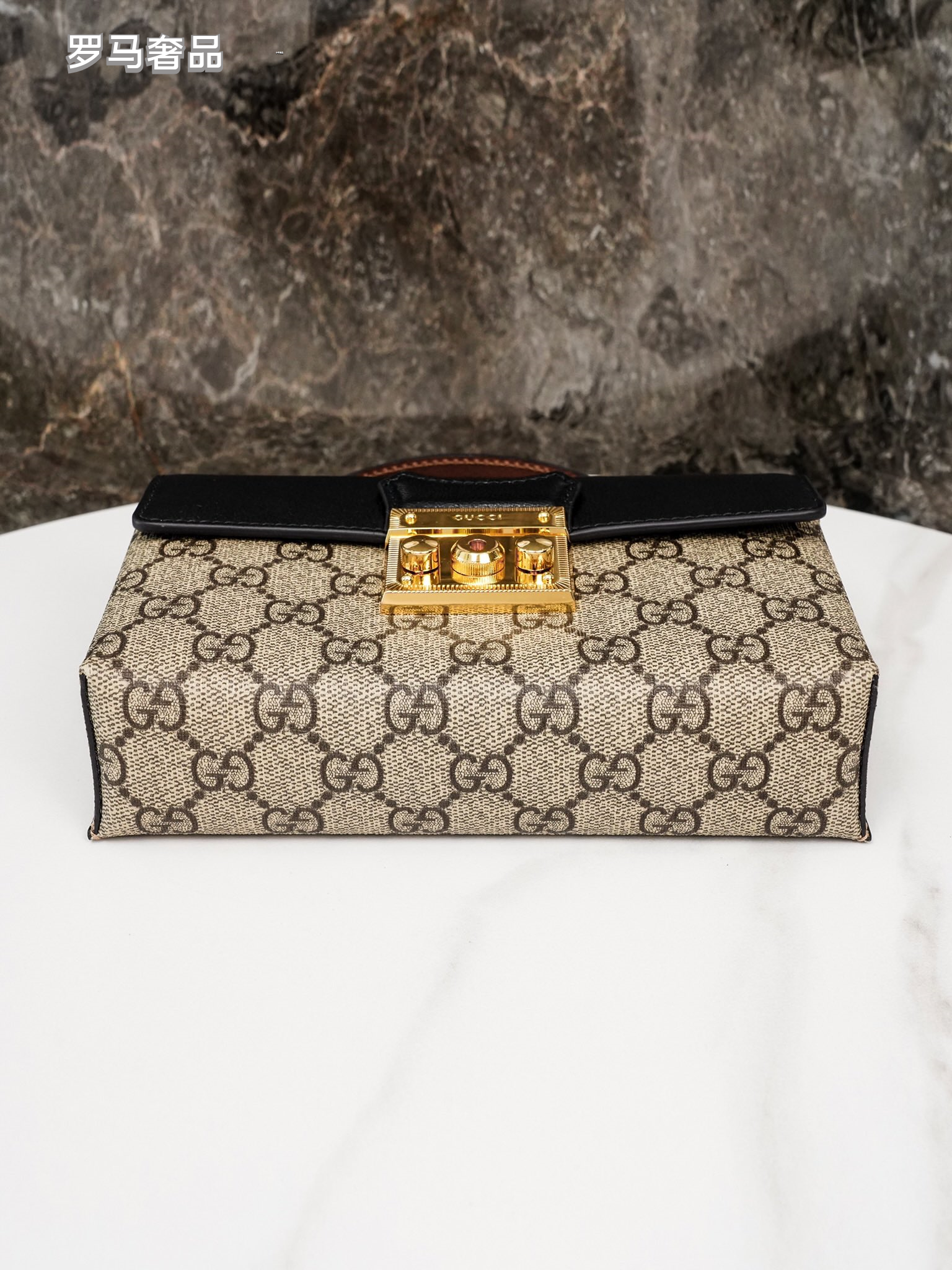 Gucci Vintage Monogram Canvas Top Handle Bag with Leather Flap and Padlock