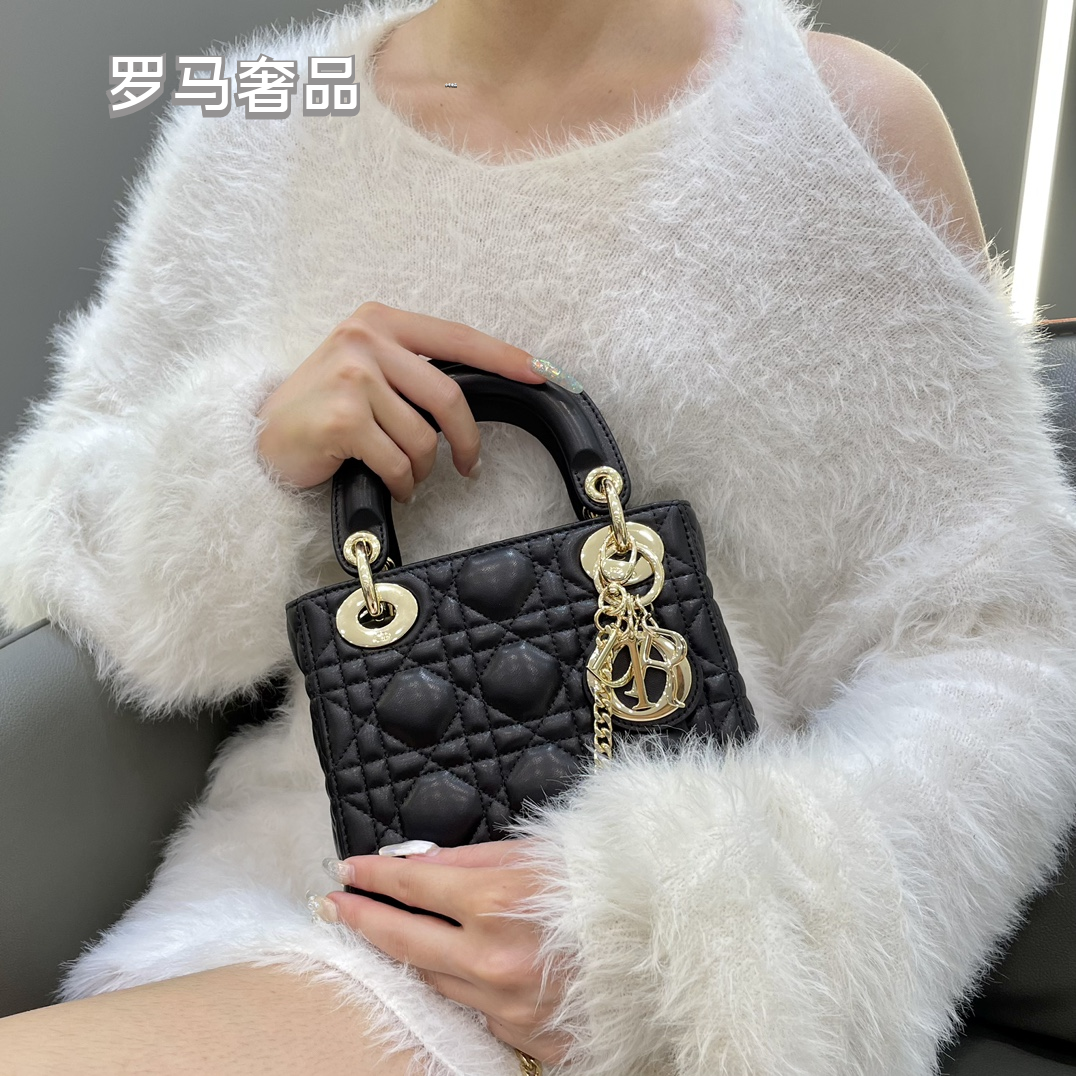 Dior Mini Black Quilted Leather Handbag with Gold Hardware and Charms