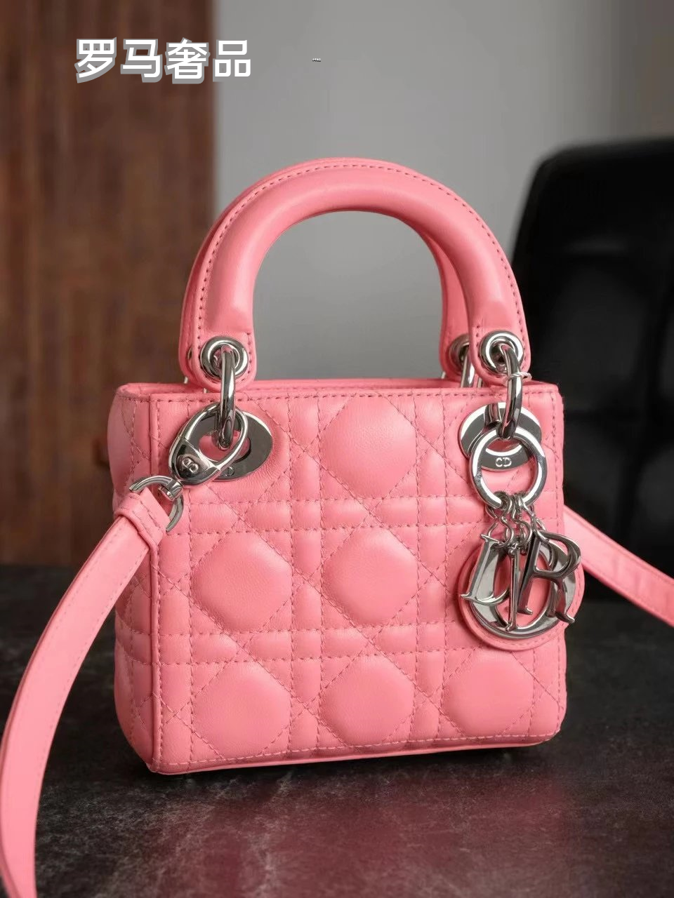 Dior Elegant Pink Quilted Leather Mini Handbag with Top Handle and Strap