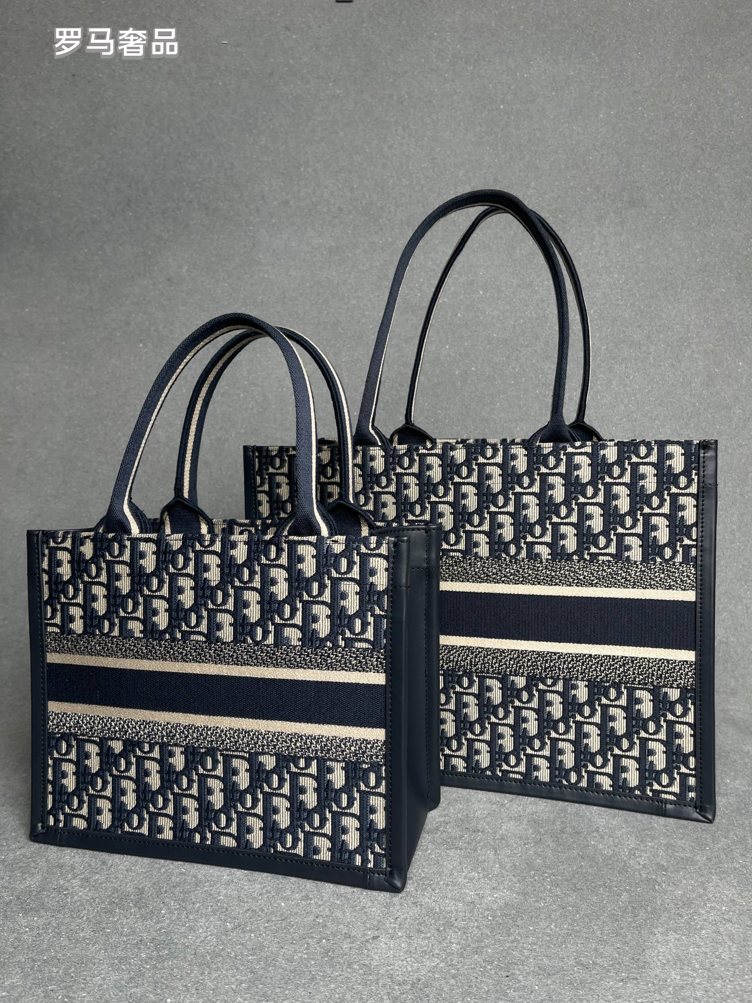 Dior Navy Blue Monogram Canvas Tote Bag with Top Handles