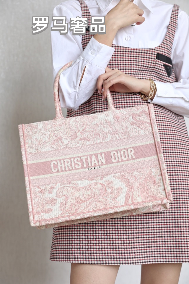 Dior Pink Floral Toile Embroidered Canvas Tote Bag with Top Handles