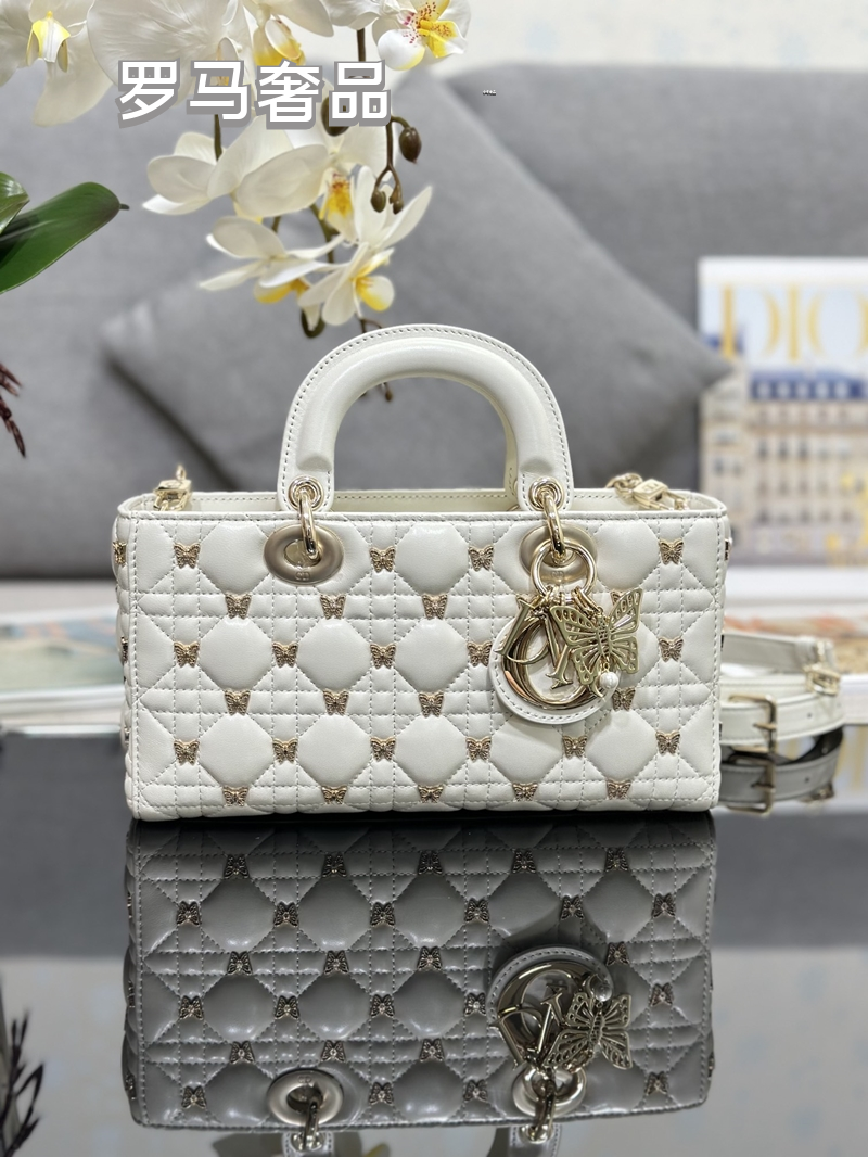 Dior Luxury Black Quilted Leather Top Handle Bag with Gold Butterfly Charm