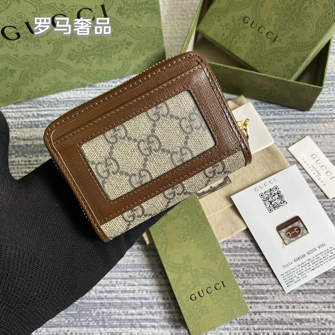 Gucci Monogram Canvas Card Case Wallet with Web Stripe and Gold Logo