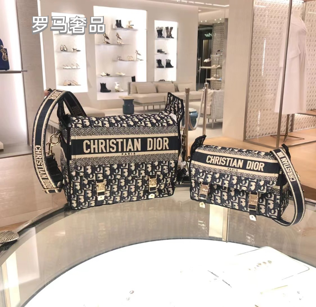 Dior Blue Monogram Embroidered Canvas Messenger Shoulder Bag