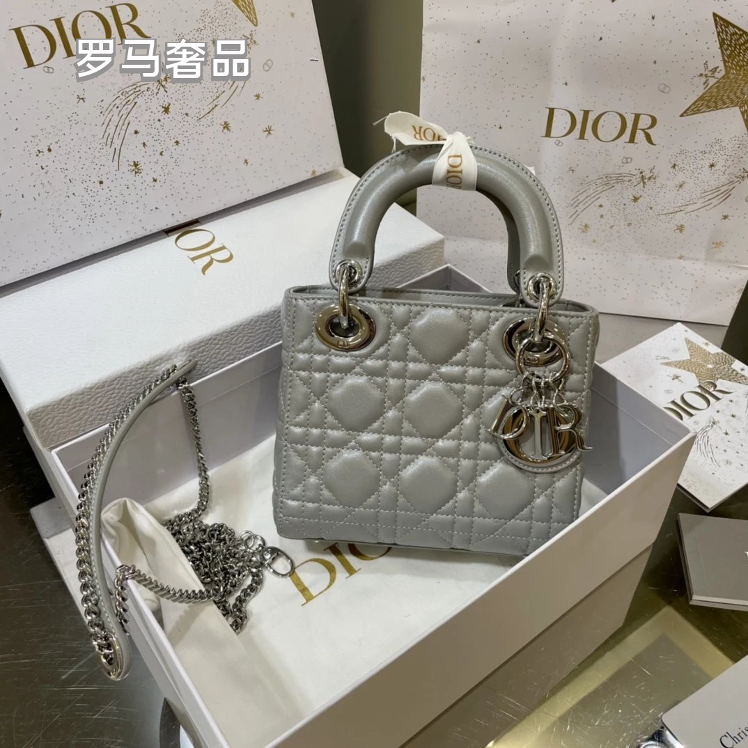 Dior Classic White Quilted Leather Mini Top Handle Bag with Silver Hardware