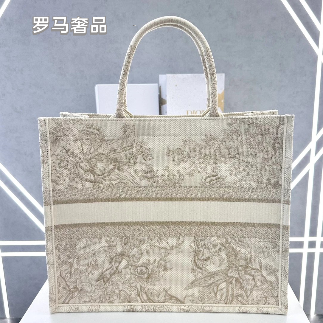 Dior Beige Embroidered Canvas Tote Bag Floral Tapestry Large Handbag