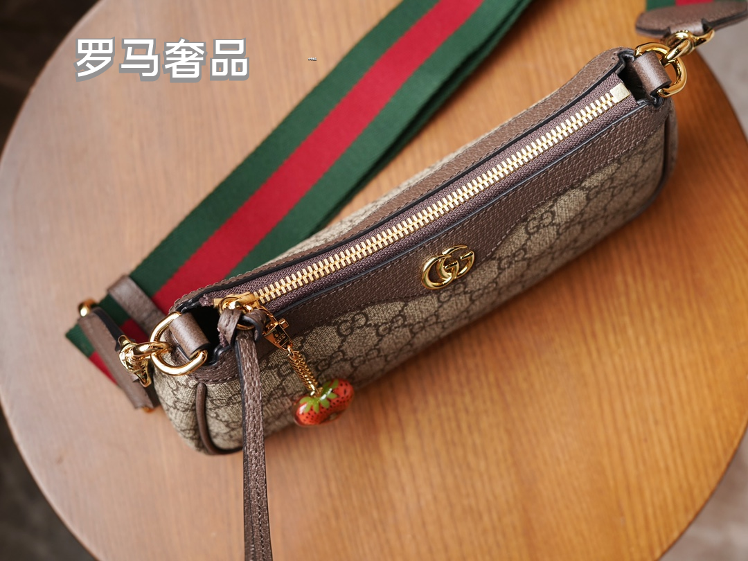 Gucci Classic Monogram Canvas Shoulder Bag with Web Strap and Strawberry Charm