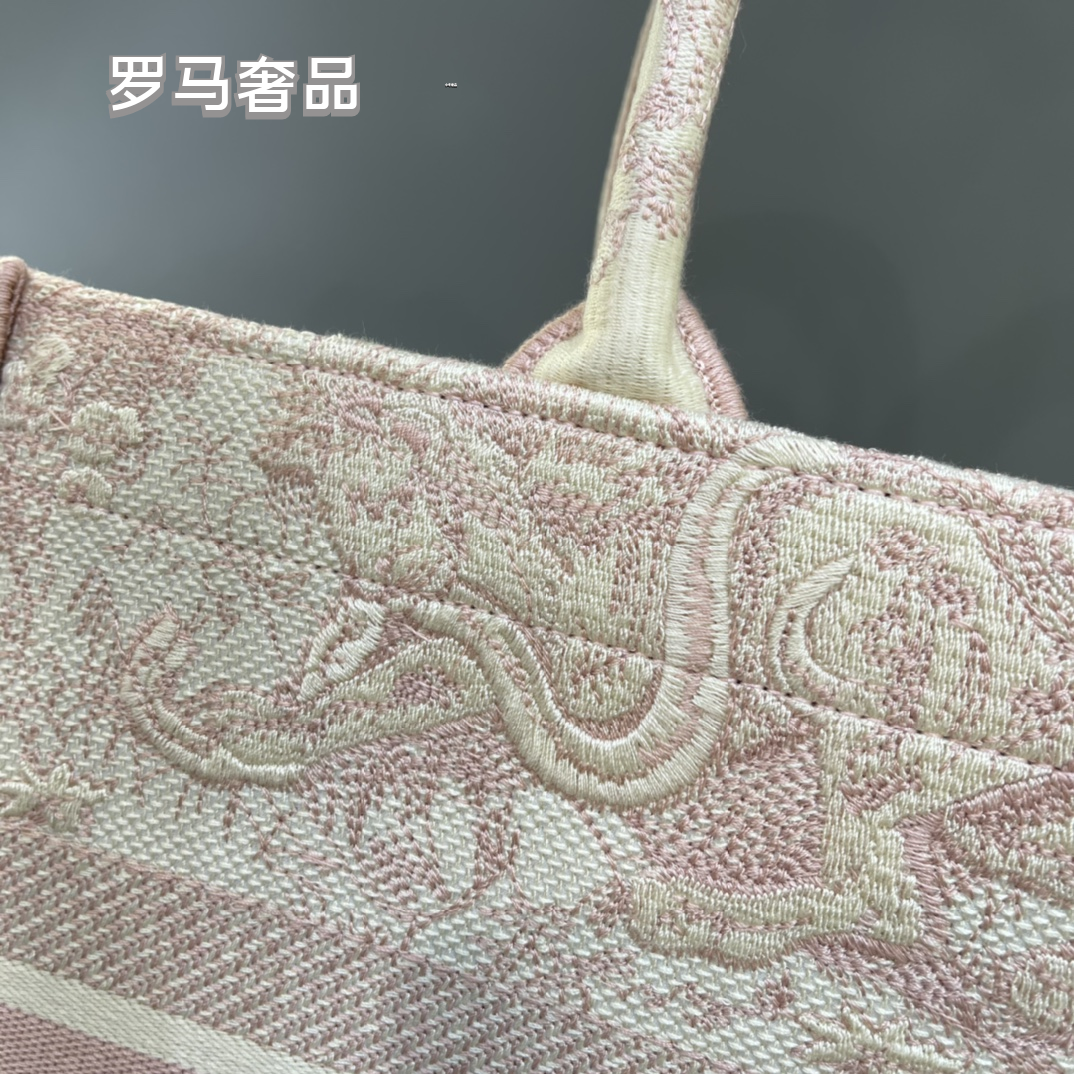 Dior Pink and Beige Floral Embroidered Top Handle Canvas Tote Bag