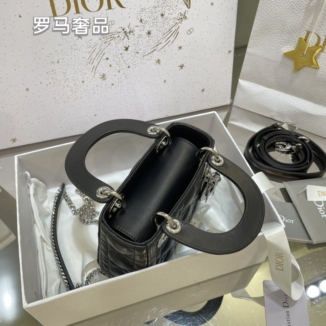 Dior Mini Black Quilted Leather Handbag with Gold Hardware and Charms