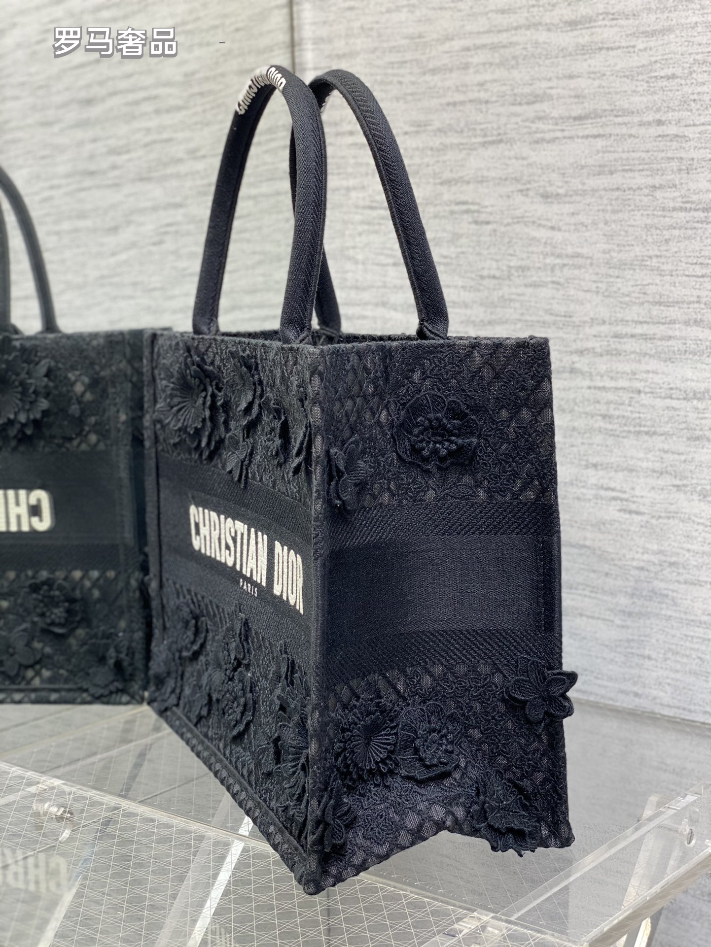 Dior Elegant White 3D Floral Lace Embroidered Canvas Tote Handbag