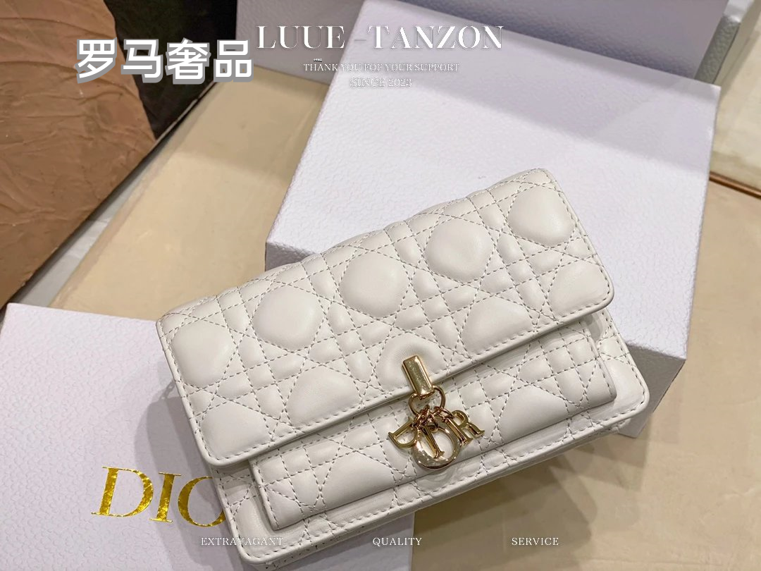 Dior Elegant White Quilted Leather Flap Shoulder Bag with Gold Chain Strap