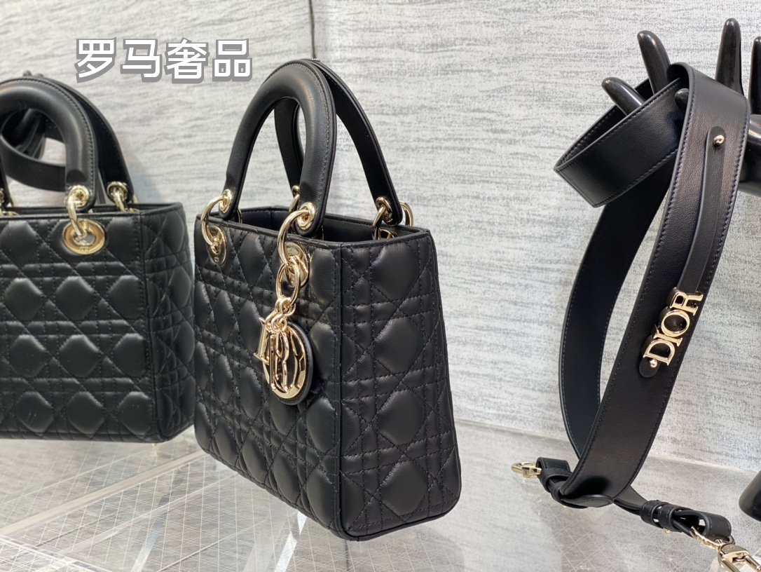 Dior Luxury Black Quilted Leather Top Handle Bag with Shoulder Strap