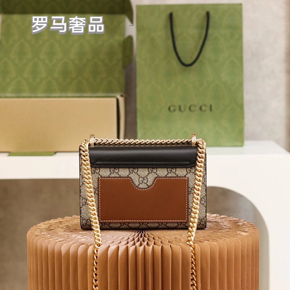 Gucci Vintage Monogram Canvas Crossbody Bag with Leather Flap and Gold Chain