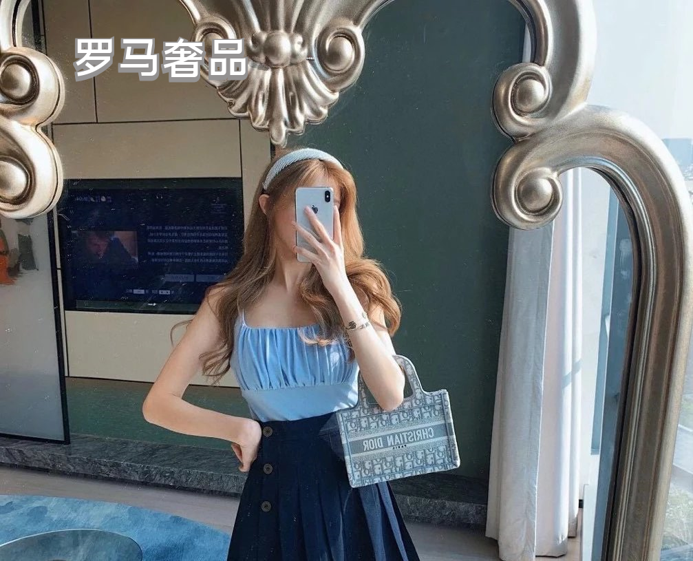 Dior Vintage Blue Monogram Canvas Mini Tote Bag with Top Handle