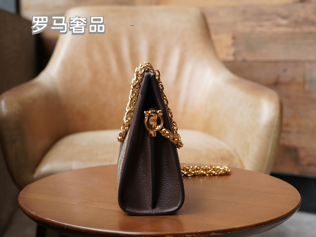 Gucci Classic Monogram Canvas Shoulder Bag with Stripe and Gold Chain