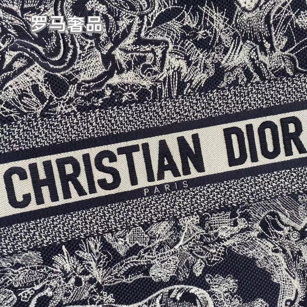 Dior Large Capacity Monochrome Embroidered Toile Canvas Tote Bag