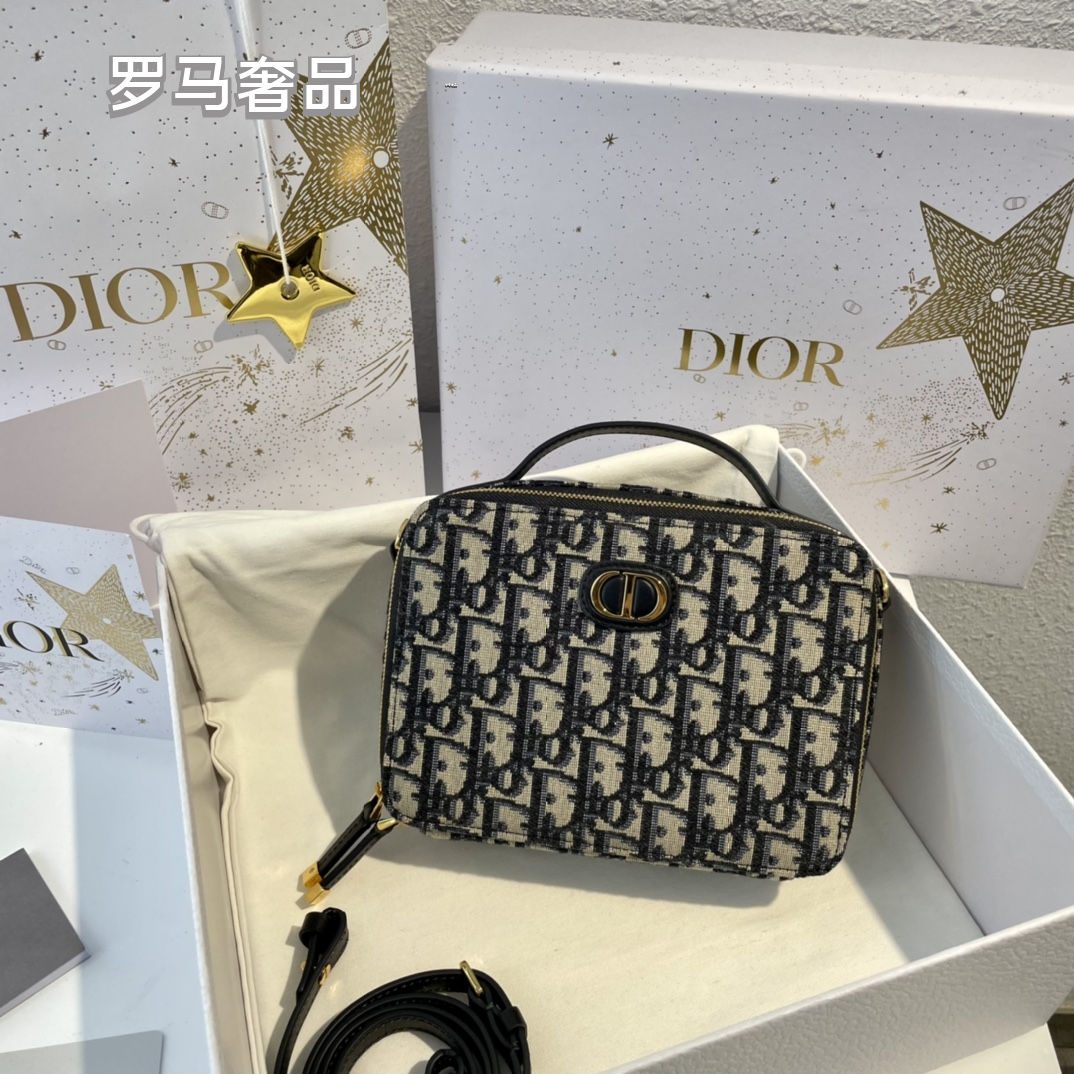 Dior Luxury Monogram Canvas Vanity Case Handbag with Gold Hardware