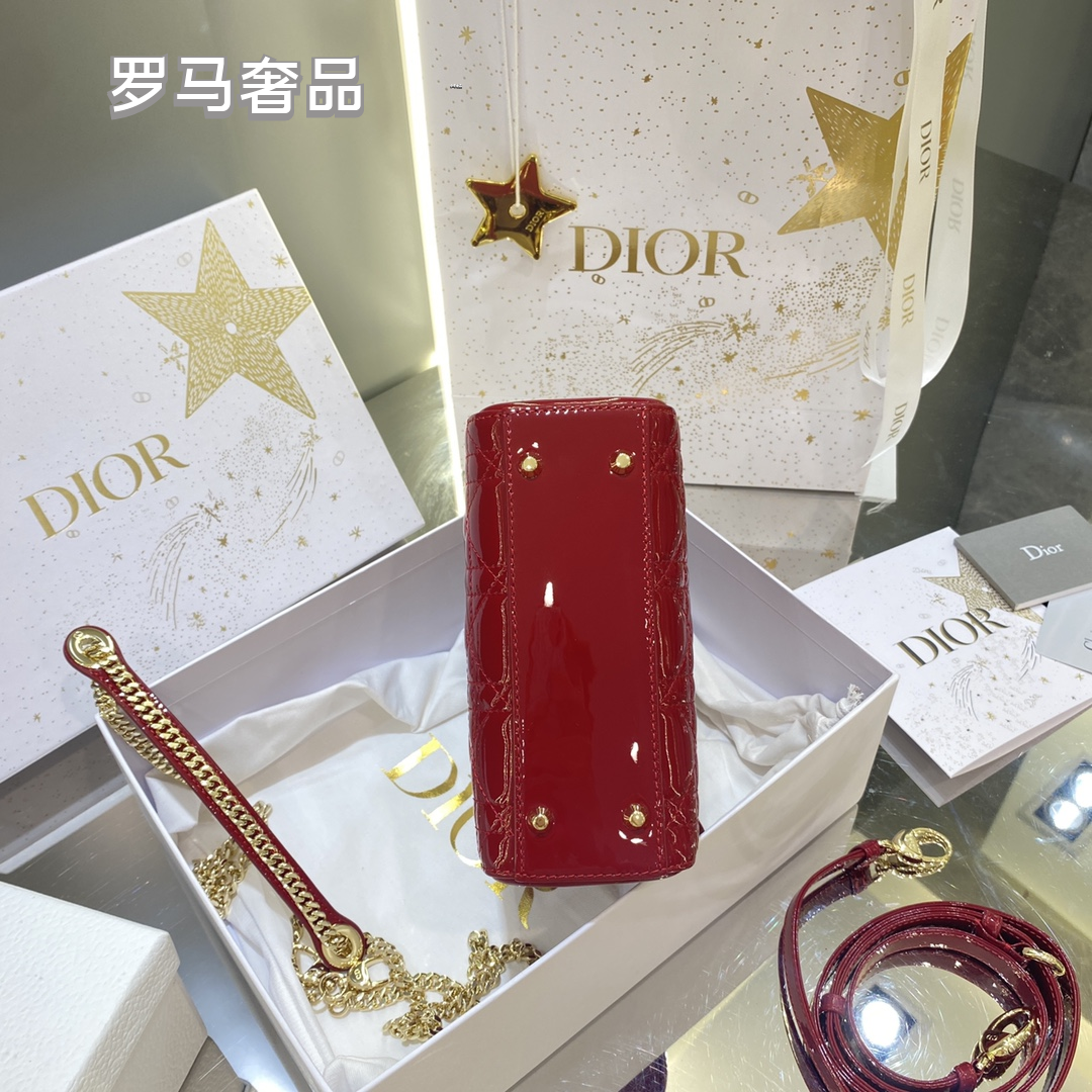 Dior Elegant Red Quilted Patent Leather Mini Top Handle Handbag