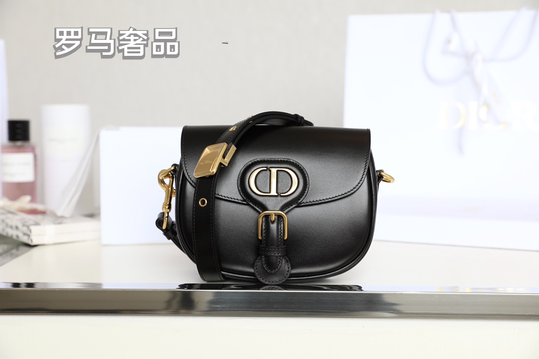 Dior Vintage Black Leather Shoulder Saddle Bag with Oval Metal Clasp