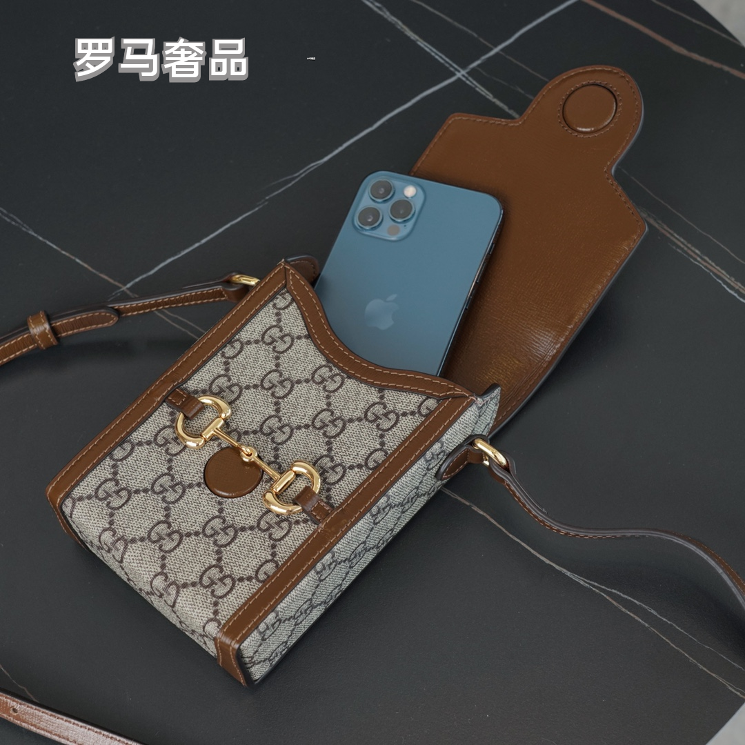 Gucci Vintage Monogram Canvas Mini Crossbody Phone Bag with Gold Horsebit