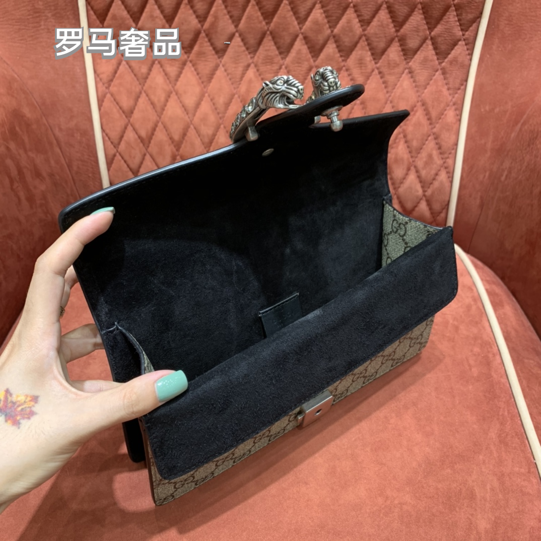 Gucci Monogram Canvas Chain Shoulder Bag with Tiger Head Clasp