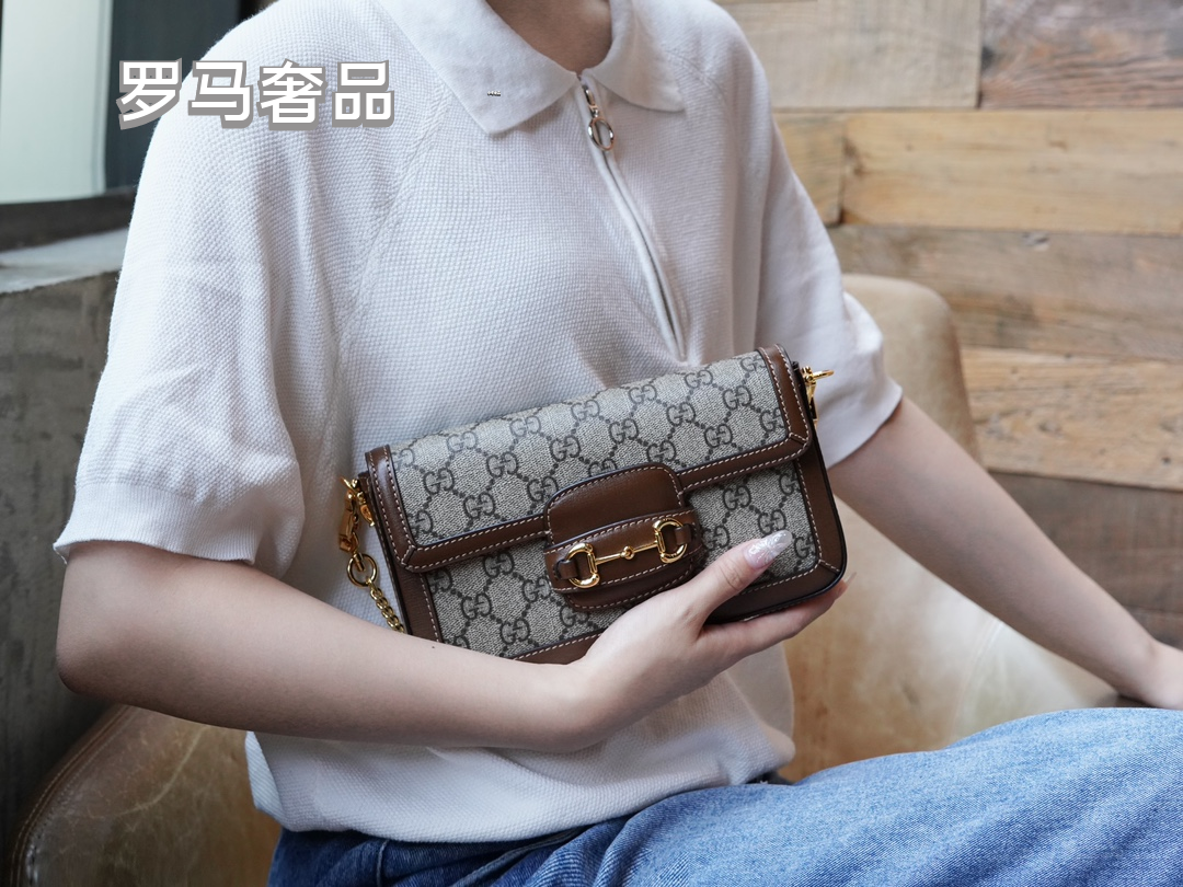 Gucci Vintage Monogram Shoulder Bag with Horsebit Detail and Chain Strap