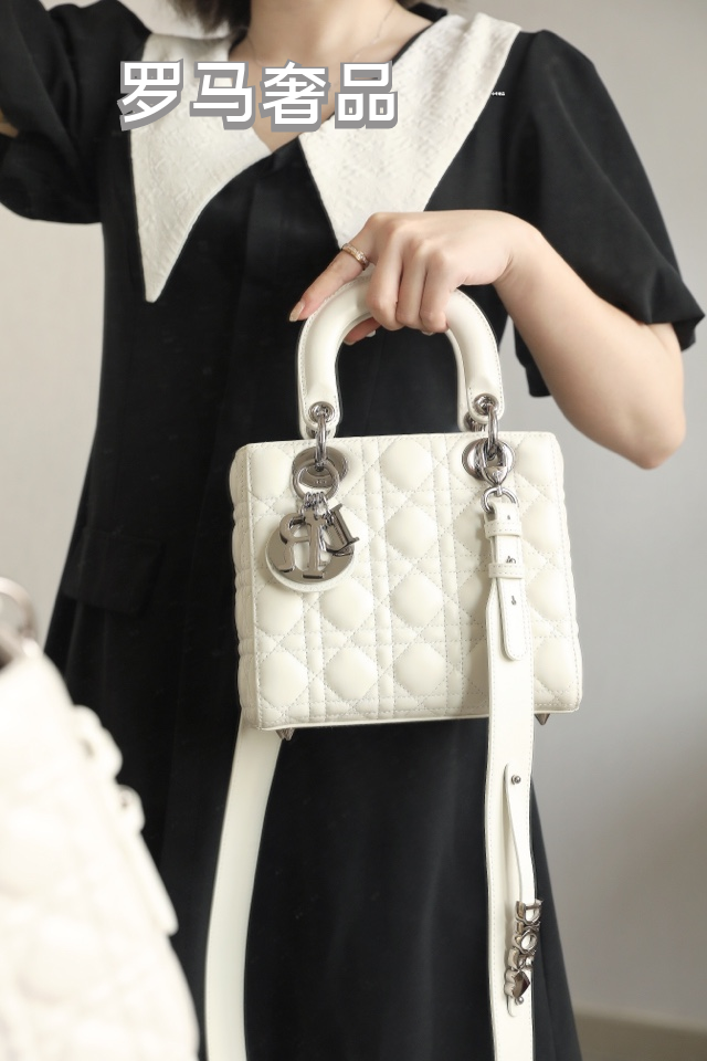 Dior Elegant Light Gray Quilted Top Handle Handbag with Shoulder Strap