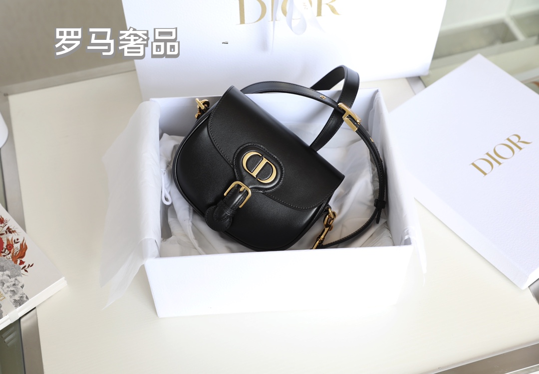Dior Vintage Black Leather Shoulder Saddle Bag with Oval Metal Clasp