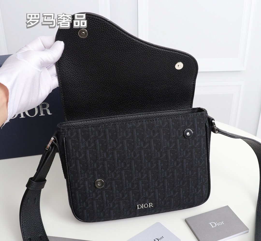 Dior Vintage Monogram Crossbody Messenger Bag with Black Leather Flap