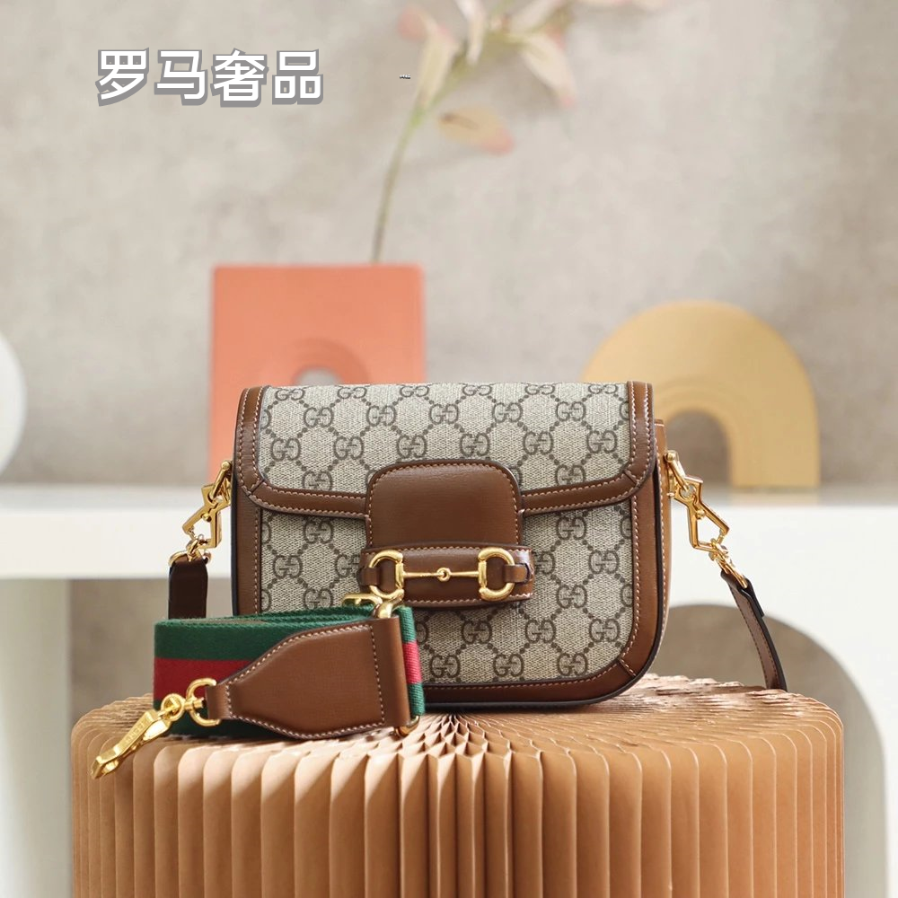 Gucci Vintage Monogram Saddle Crossbody Bag with Gold Horsebit Buckle