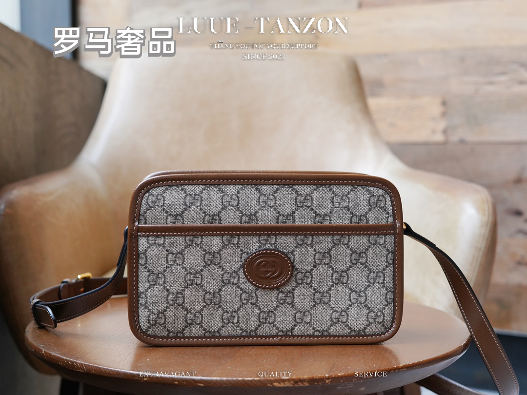 Gucci Vintage Monogram Canvas Crossbody Bag with Brown Leather Trim