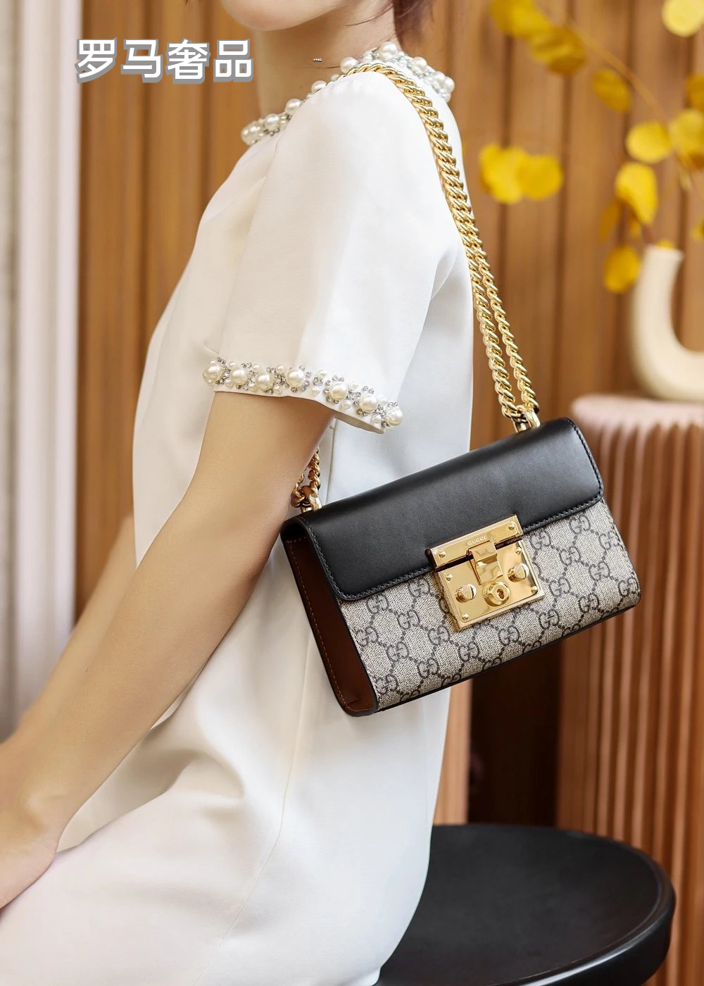 Gucci Vintage Monogram Canvas Crossbody Bag with Leather Flap and Gold Chain