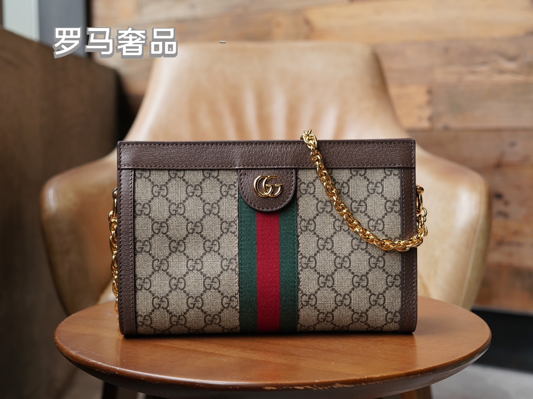 Gucci Classic Monogram Canvas Shoulder Bag with Stripe and Gold Chain