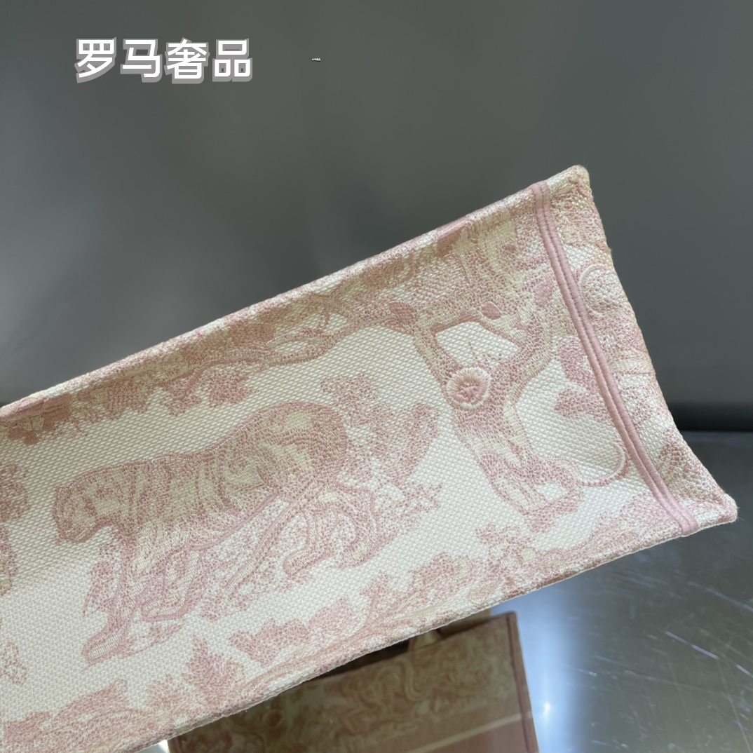 Dior Pink and Beige Floral Embroidered Top Handle Canvas Tote Bag