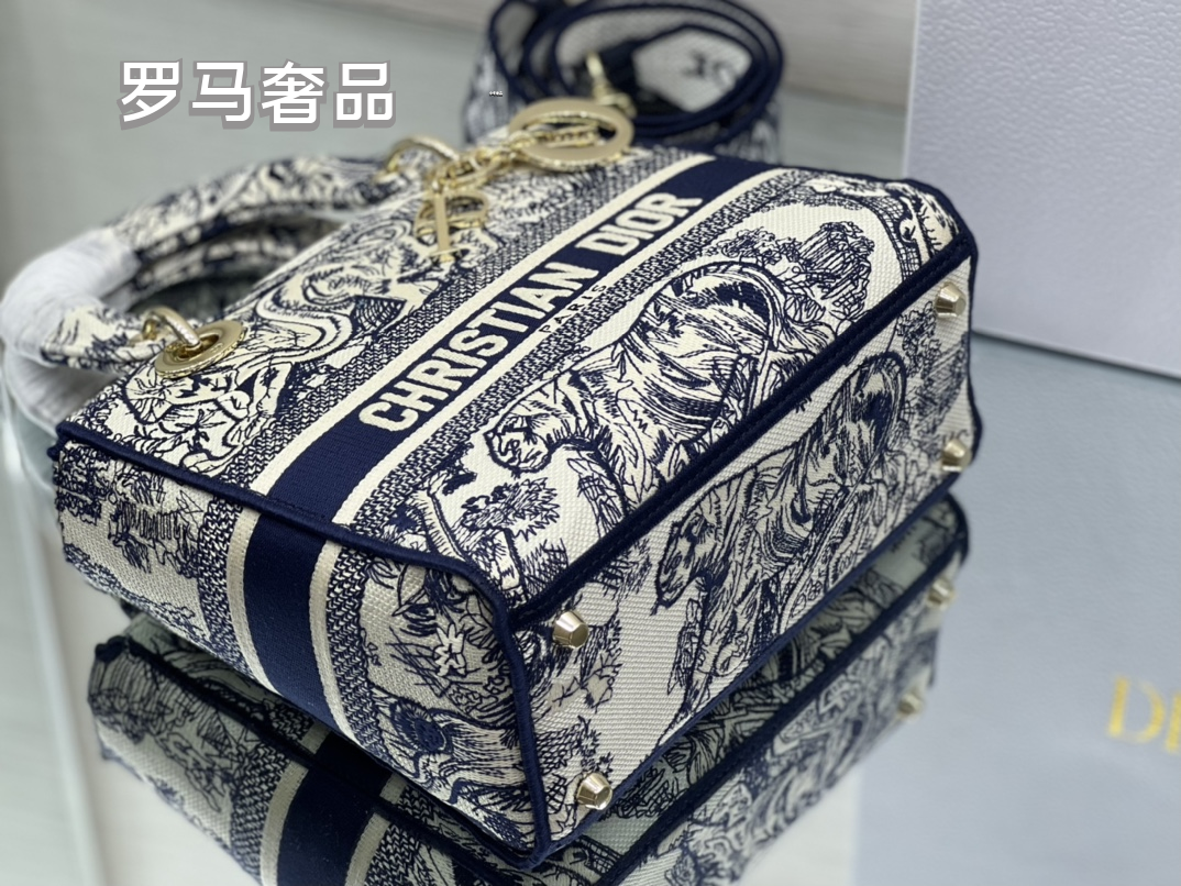 Dior Elegant Grey Floral Embroidered Canvas Top Handle Bag