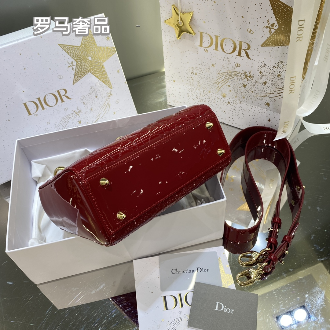 Dior Elegant Red Quilted Patent Leather Mini Top Handle Handbag