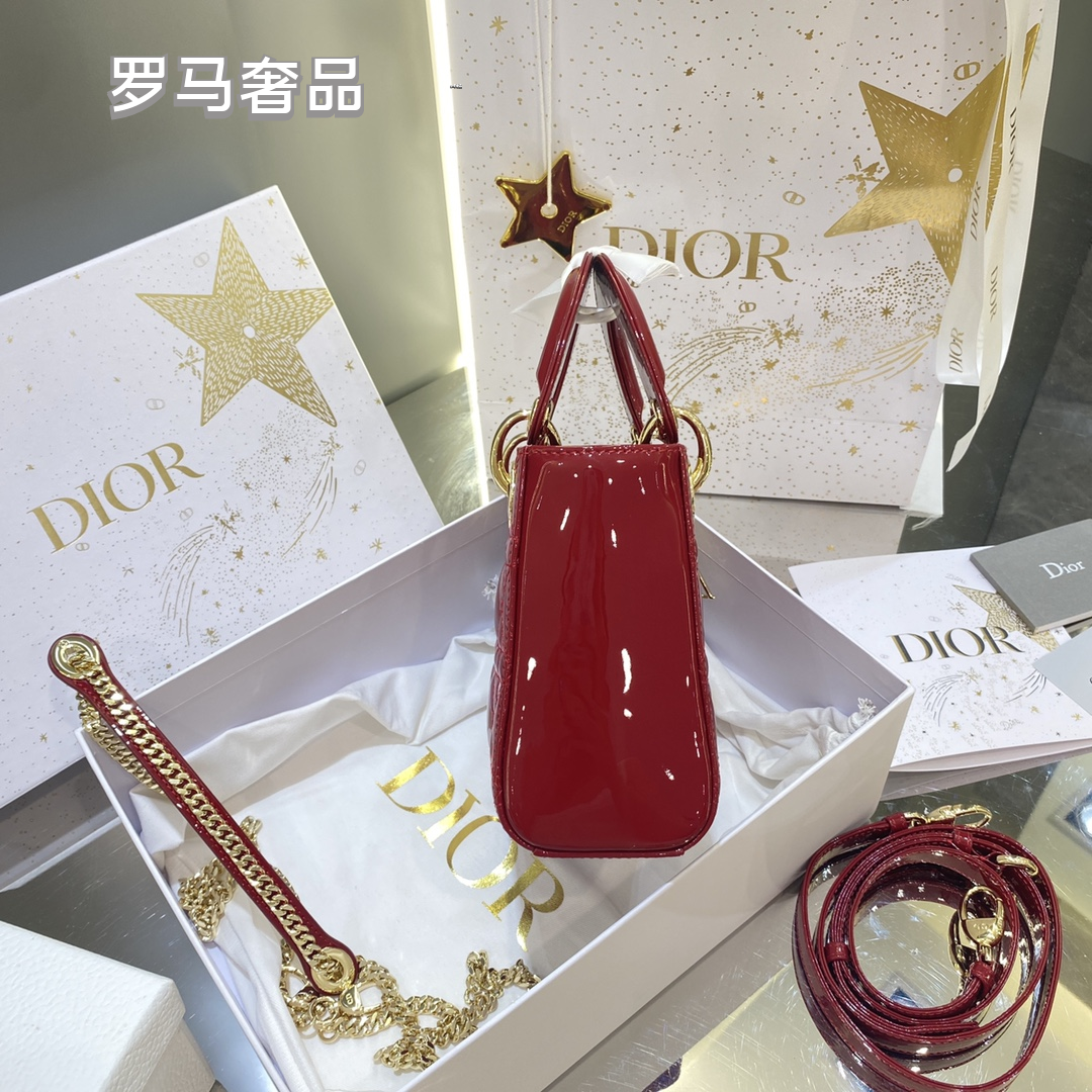 Dior Elegant Red Quilted Patent Leather Mini Top Handle Handbag