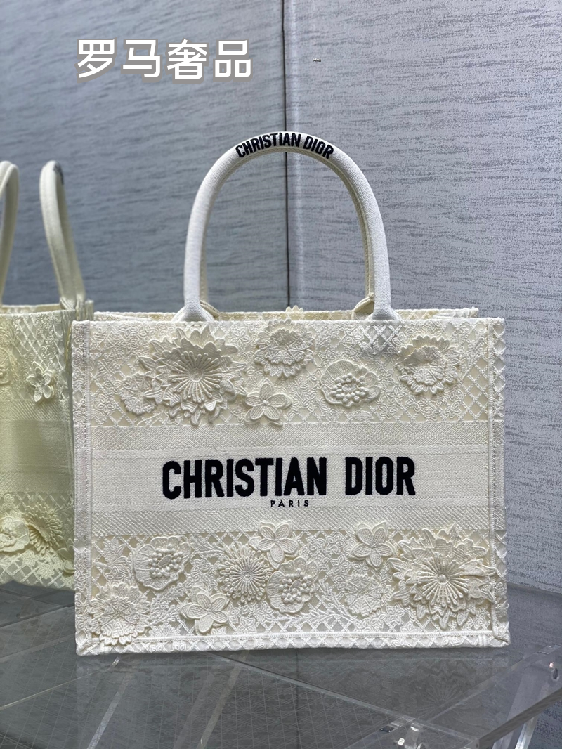 Dior Elegant White 3D Floral Lace Embroidered Canvas Tote Handbag