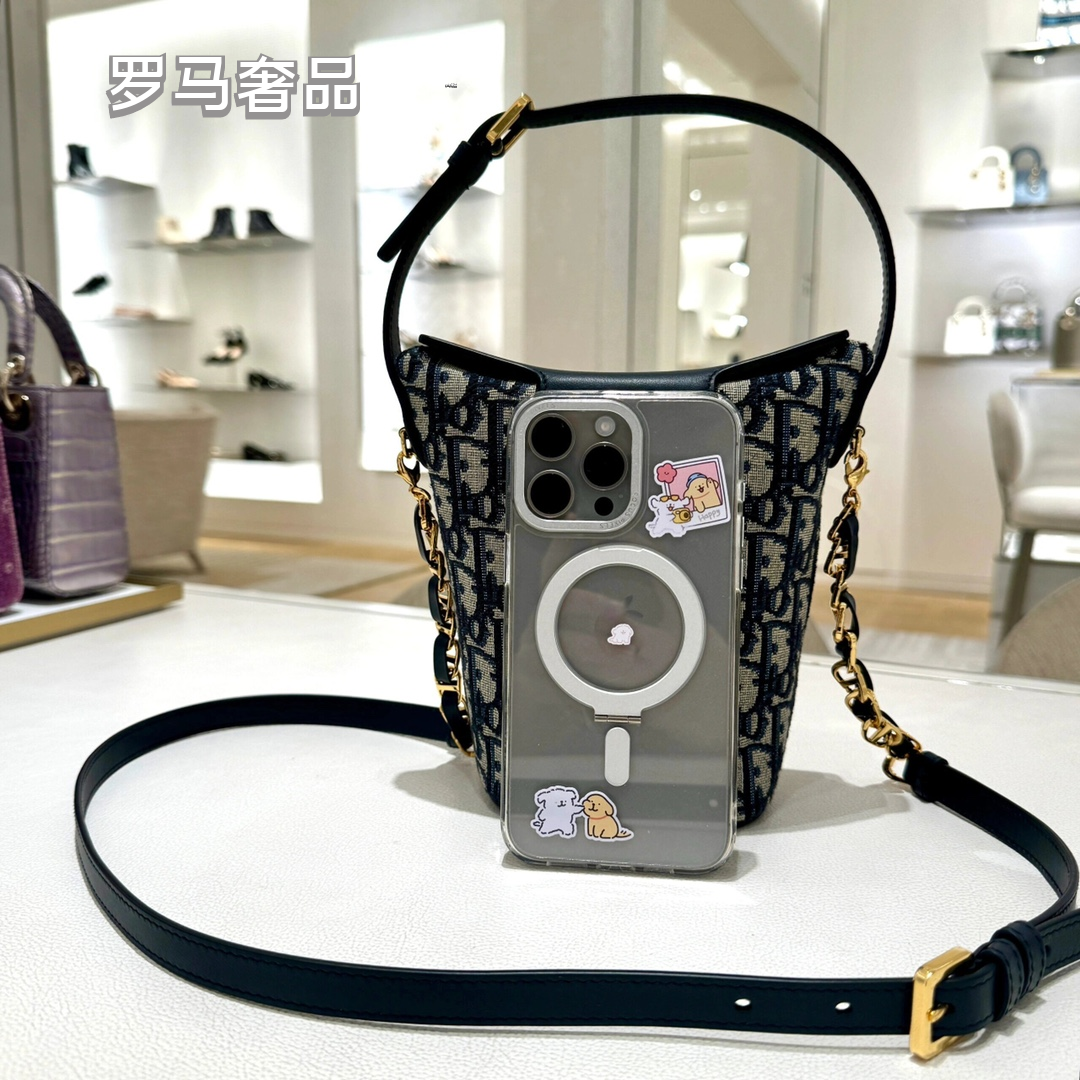 Dior Blue Monogram Jacquard Canvas Bucket Bag with Gold Hardware
