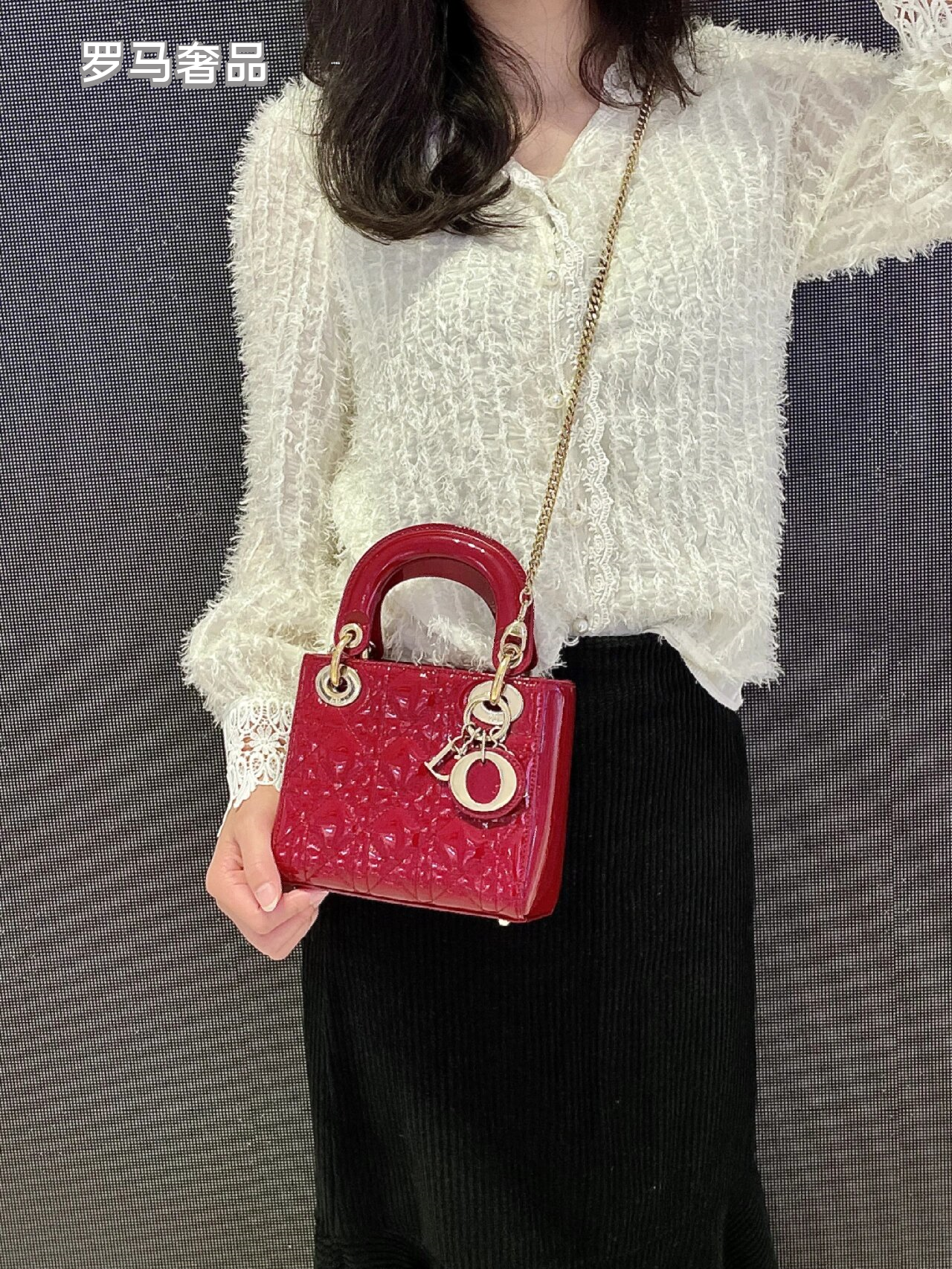 Dior Elegant Red Quilted Patent Leather Mini Top Handle Handbag