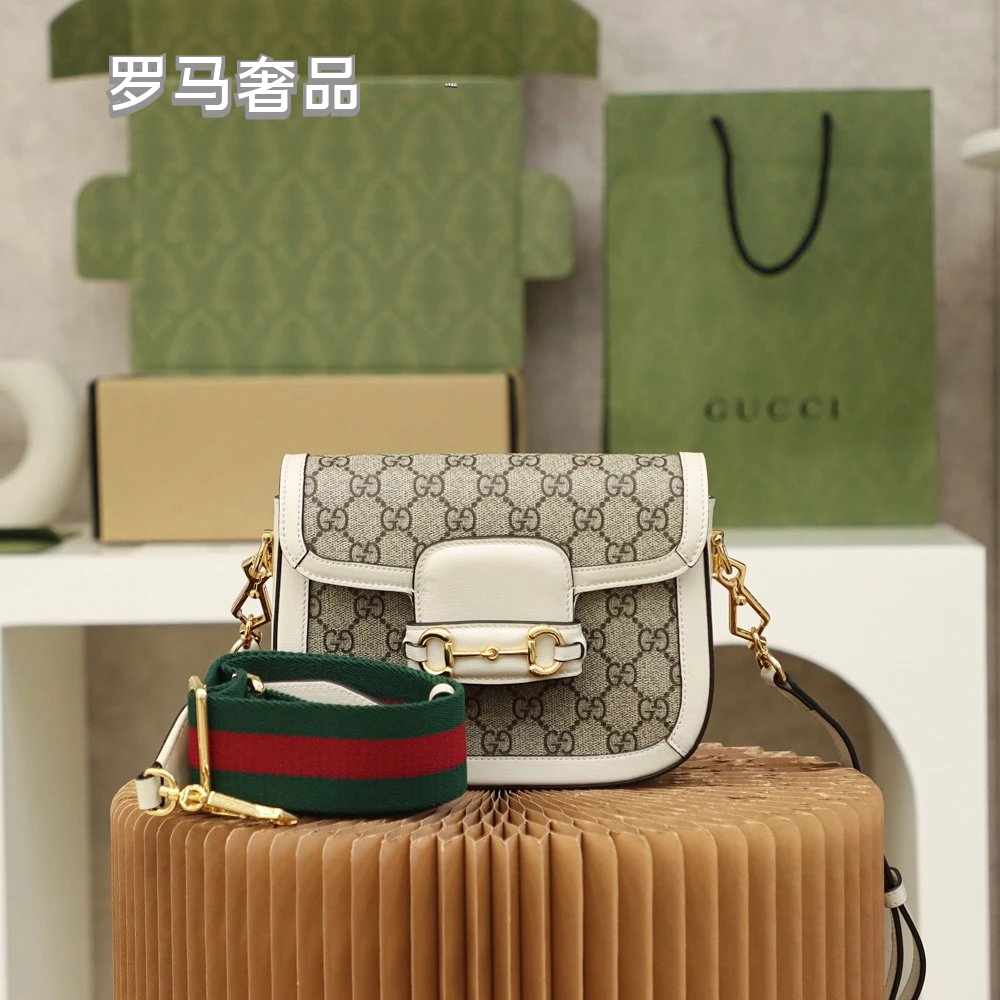 Gucci Vintage Monogram Saddle Crossbody Bag with Gold Horsebit Buckle