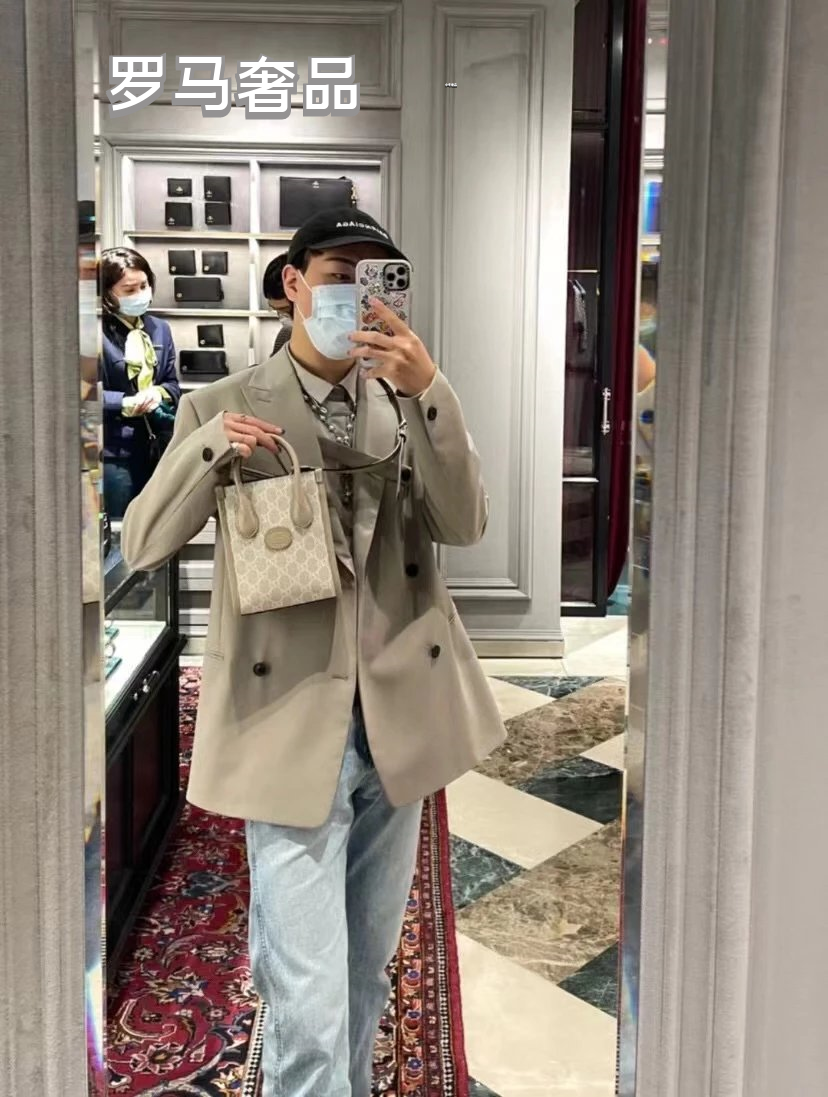 Gucci Elegant Cream Monogram Mini Tote Bag with Top Handles and Crossbody Strap