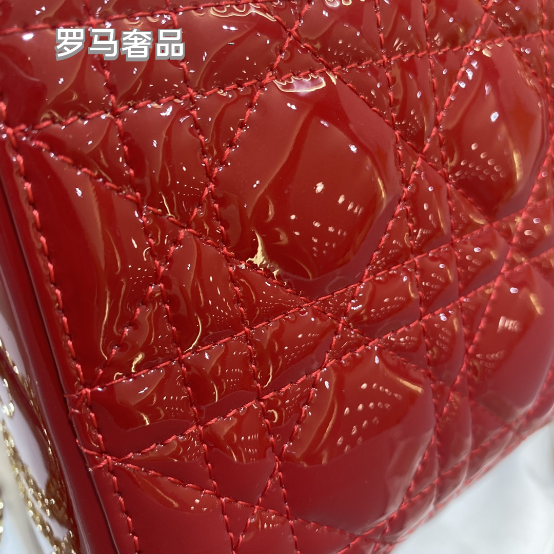 Dior Elegant Red Quilted Patent Leather Mini Top Handle Handbag