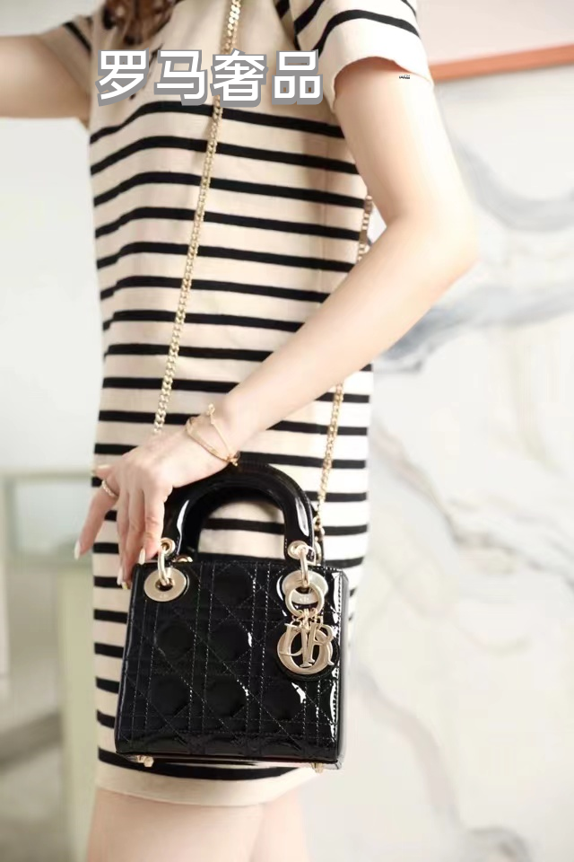 Dior Black Quilted Patent Leather Mini Top Handle Bag with Chain