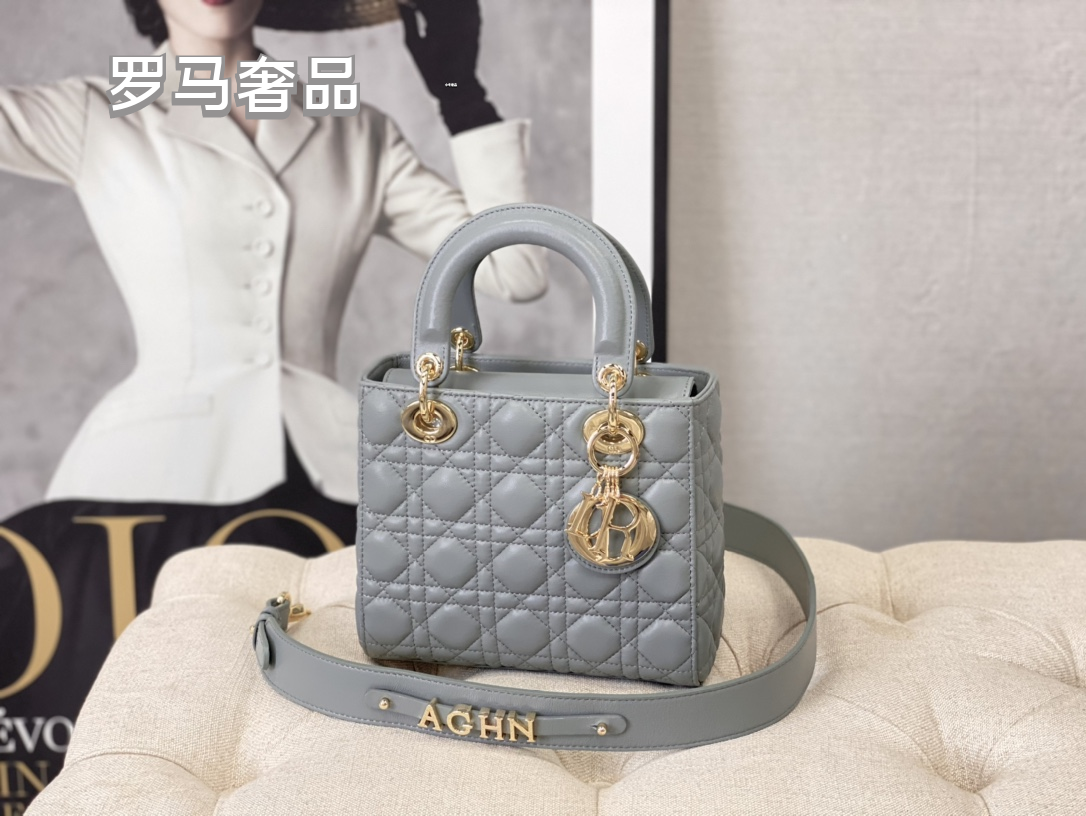 Dior Elegant Light Gray Quilted Top Handle Handbag with Shoulder Strap
